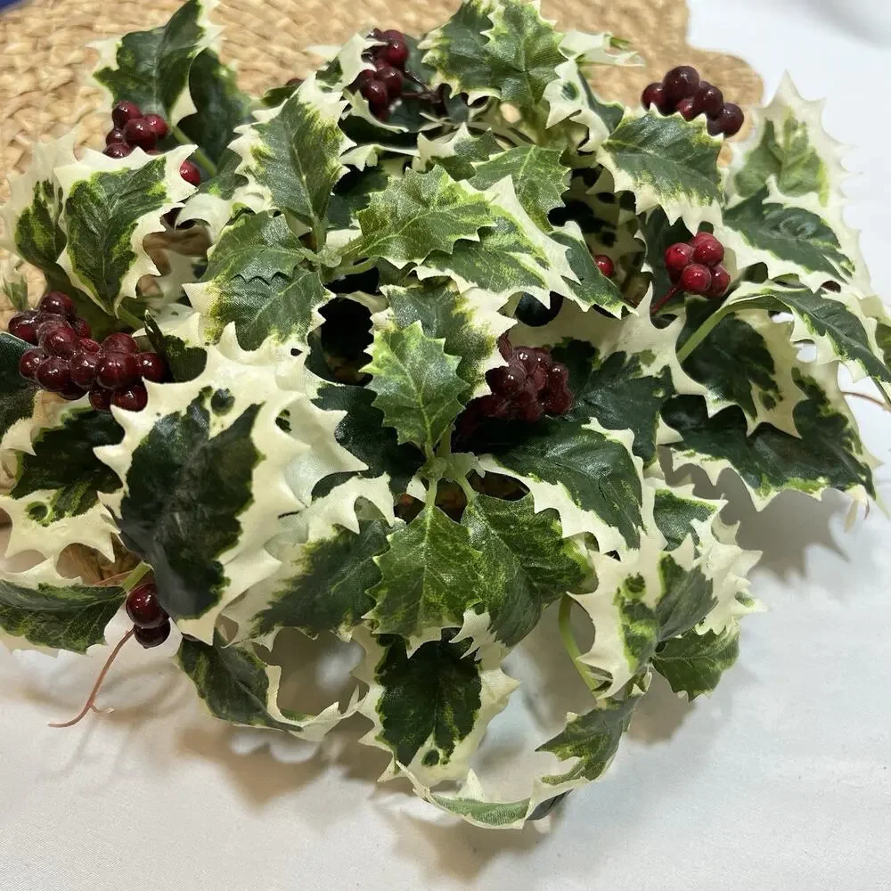 Vintage Candle Ring Centerpiece Wreath Variegated Green White Holly Red Berries